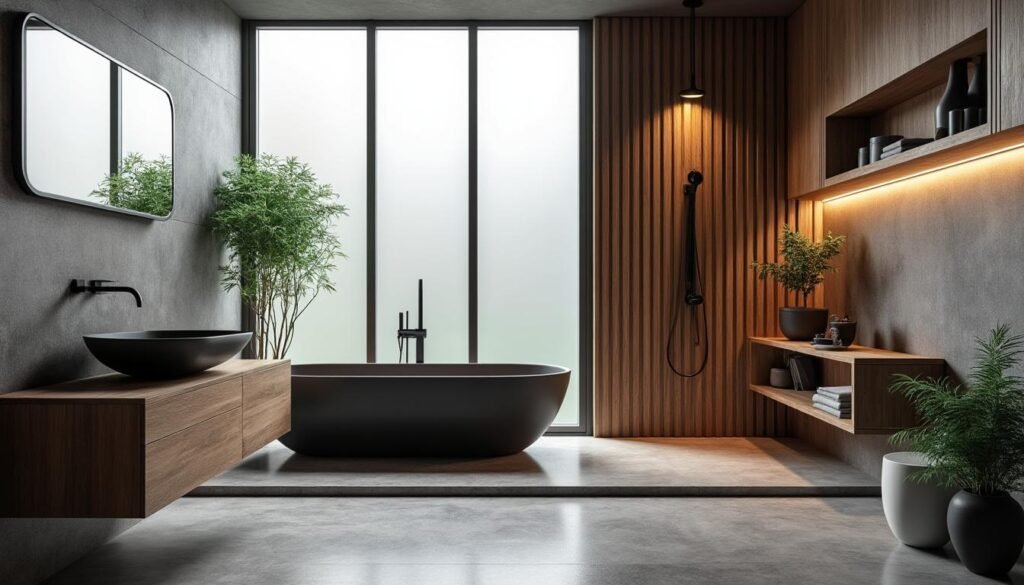 découvrez comment allier élégance et naturel dans votre salle de bain avec des éléments noirs et en bois pour un design chic et chaleureux.