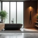 découvrez comment allier élégance et naturel dans votre salle de bain avec des éléments noirs et en bois pour un design chic et chaleureux.