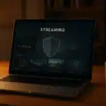 Ordinateur portable affichant interface streaming sécurisée avec éléments protection albrad