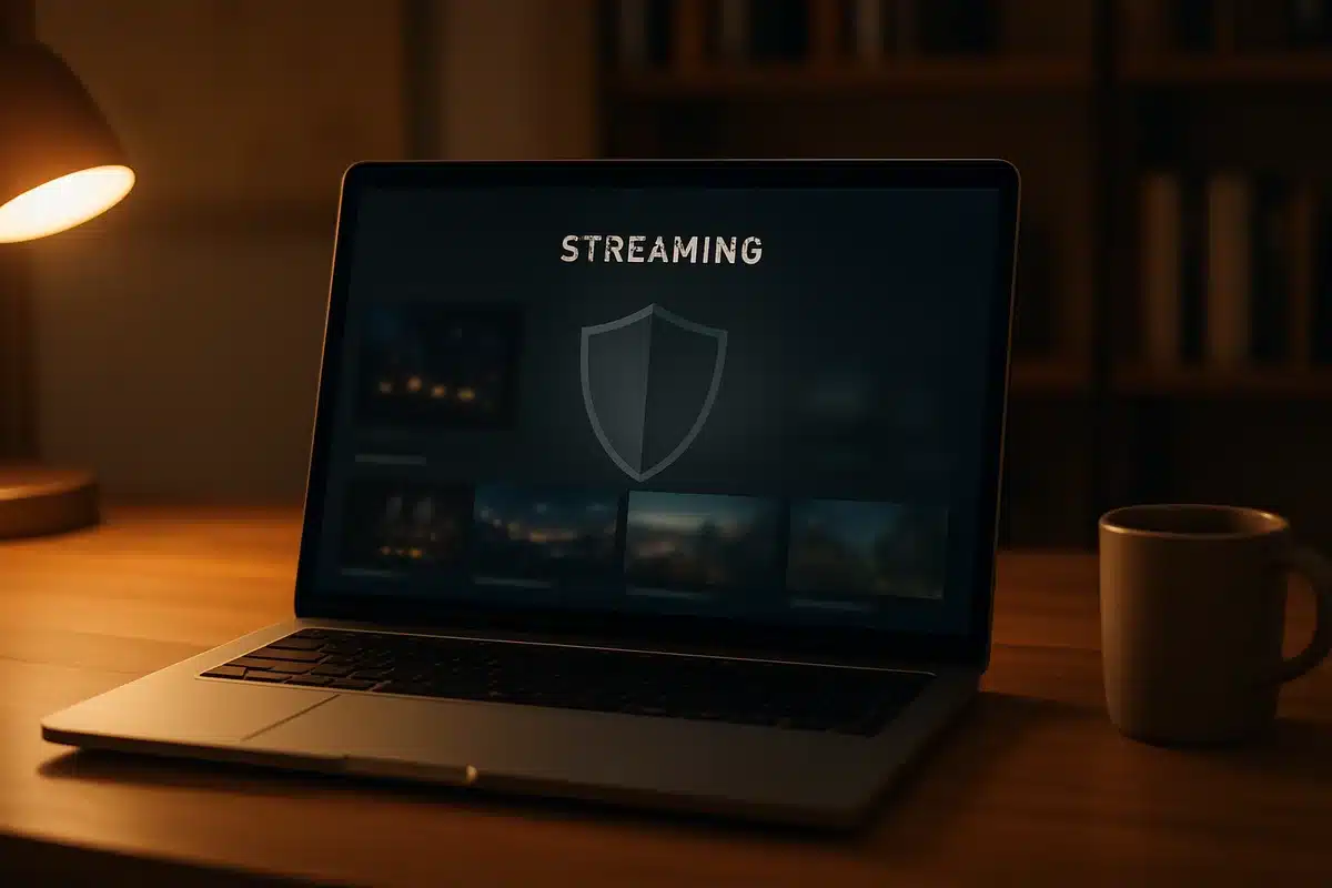 Ordinateur portable affichant interface streaming sécurisée avec éléments protection albrad