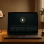 Bureau moderne avec ordinateur portable affichant interface de streaming Malgrim sécurisée