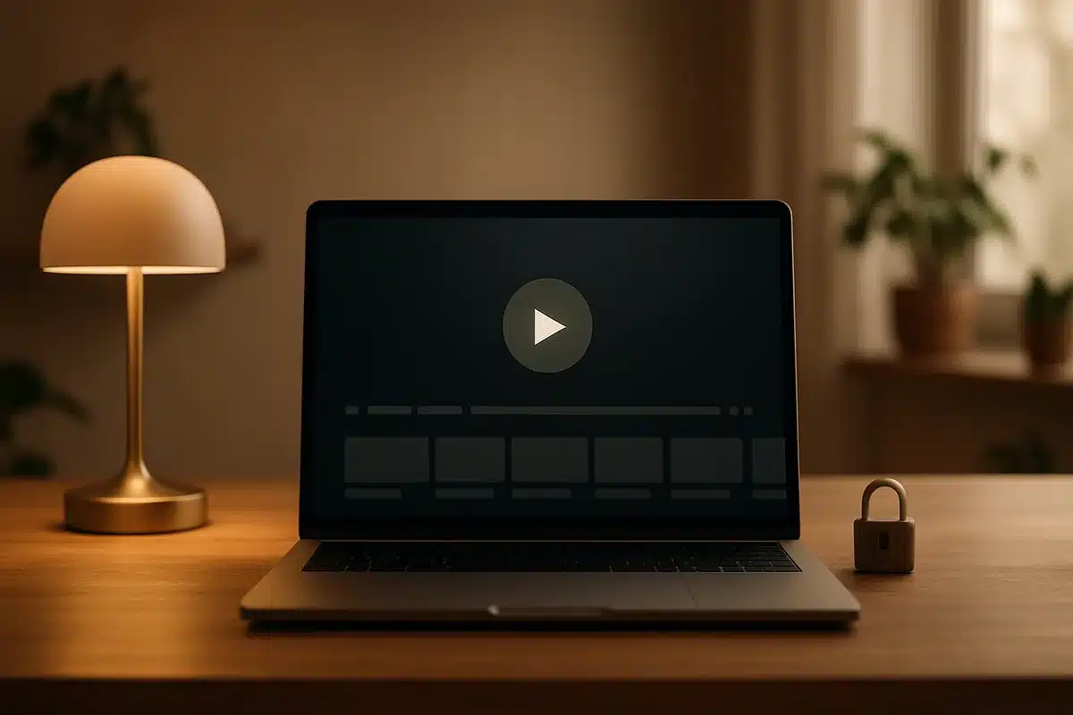 Bureau moderne avec ordinateur portable affichant interface de streaming Malgrim sécurisée