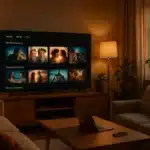 Salon moderne avec smart TV affichant interface streaming, setup confortable pour Malgrim