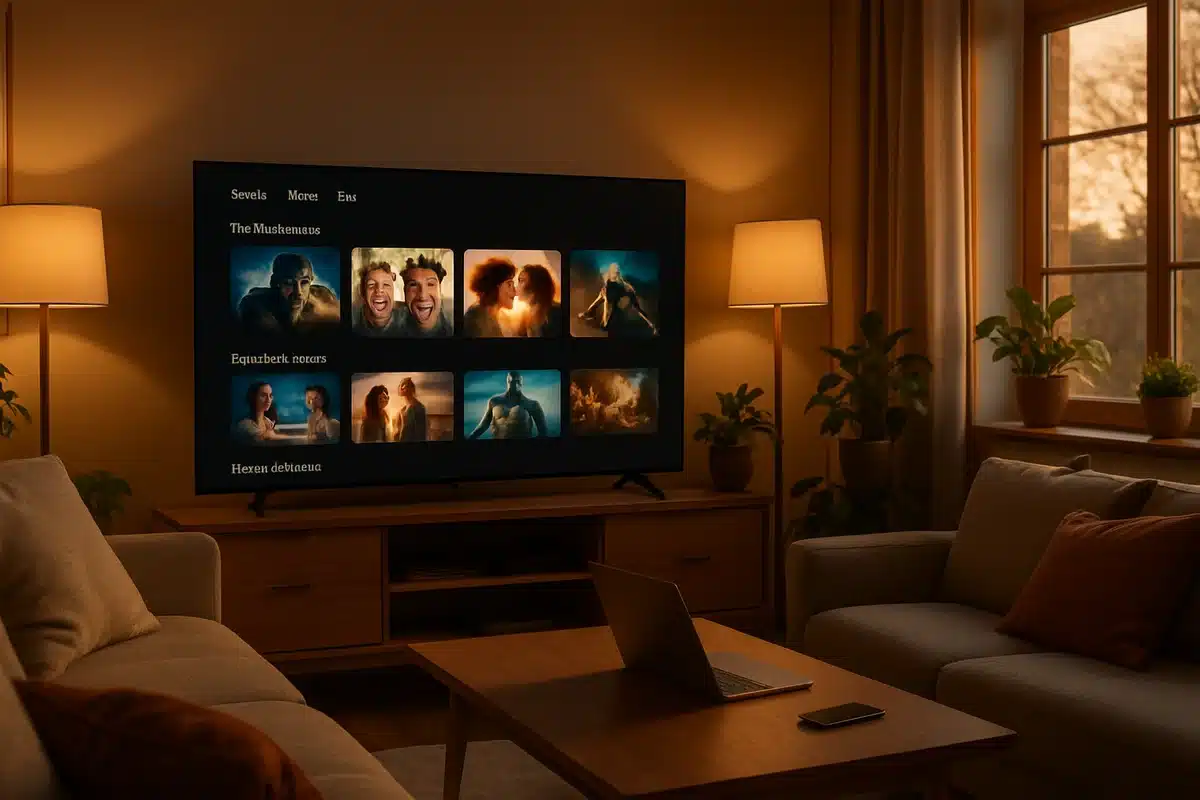 Salon moderne avec smart TV affichant interface streaming, setup confortable pour Malgrim