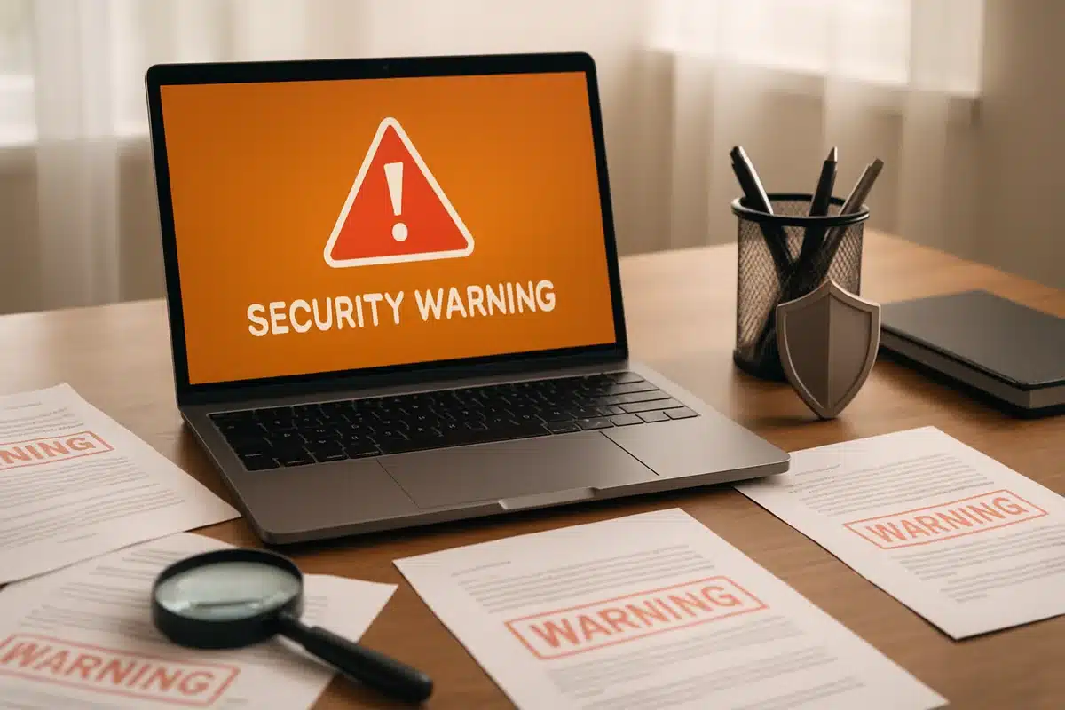 Bureau professionnel avec laptop affichant alertes sécurité pour évaluer risques Trifak