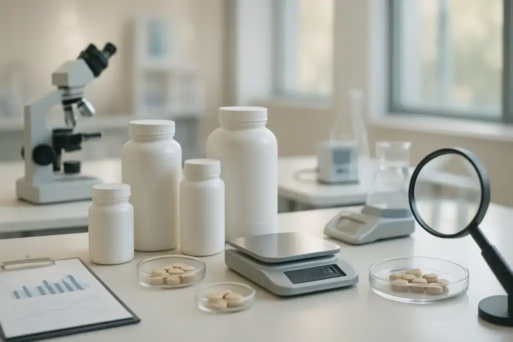 Laboratoire professionnel d'analyse Veigaro avec équipements scientifiques et flacons de suppléments