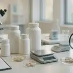 Laboratoire professionnel d'analyse Veigaro avec équipements scientifiques et flacons de suppléments